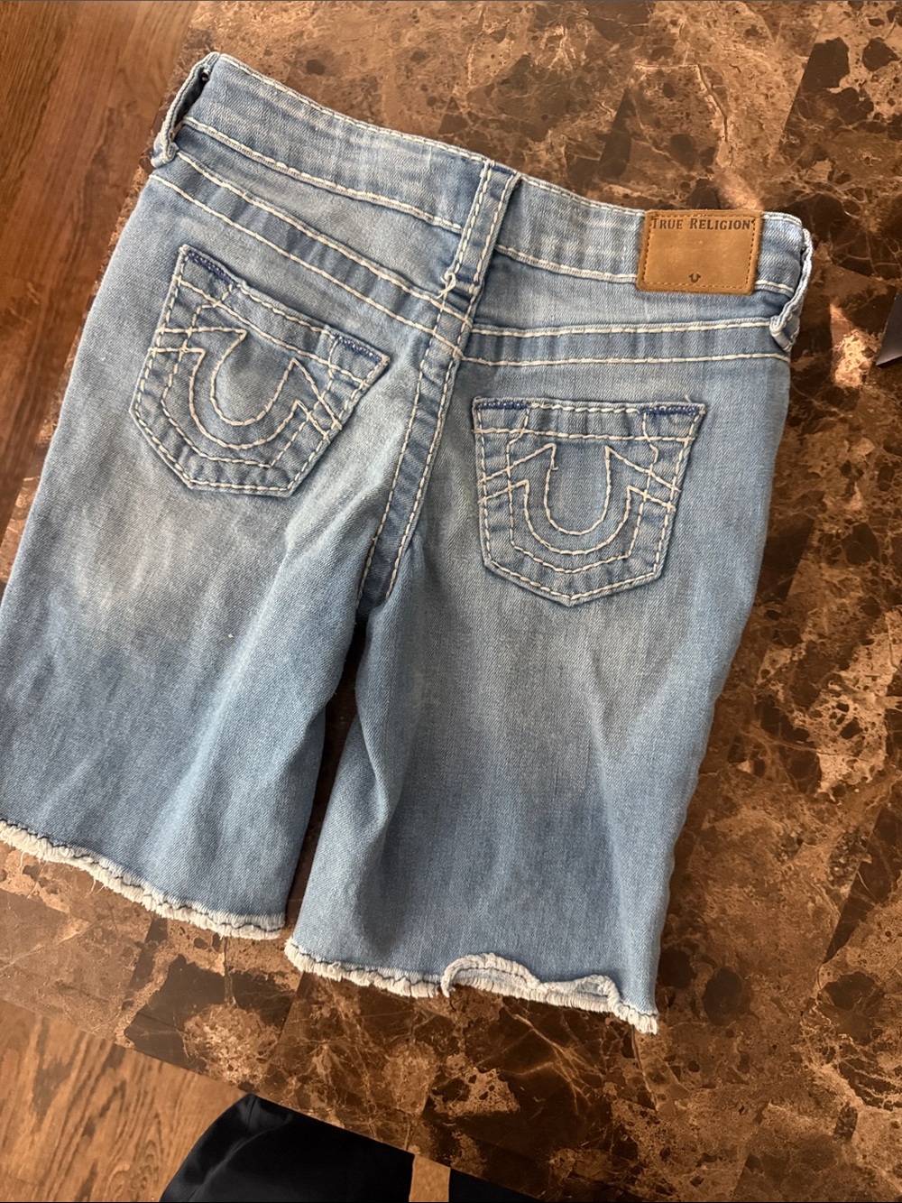 True Religion Light Blue Denim Bermuda Shorts with Signature Back Pockets